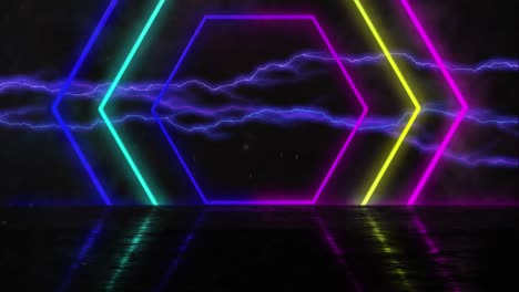 Animation-of-neon-shapes-over-lightnings-on-black-background
