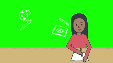 Animation-Eines-Schulmädchens,-Das-Notizen-über-Schulartikel-Symbole-Auf-Grünem-Hintergrund-Macht