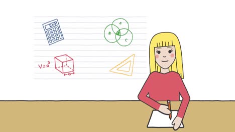 Animation-Eines-Schulmädchens,-Das-Notizen-über-Schulartikel-Symbole-Auf-Weißem-Hintergrund-Macht