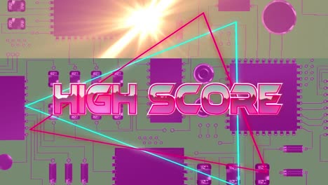 Animation-of-high-score-text-over-geometrical-shapes-and-processor-cores
