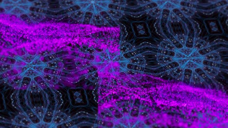 Animation-of-blue-kaleidoscopic-shapes-and-purple-wave-over-dark-background