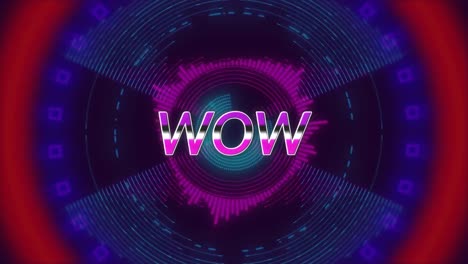 Animation-of-wow-text-over-moving-colorful-circles-shapes-on-dark-background