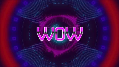 Animation-of-wow-text-over-moving-colorful-circles-on-dark-background