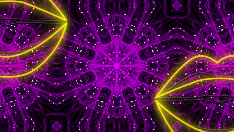 Animation-of-purple-kaleidoscopic-shapes-over-neon-yellow-lips-on-dark-background