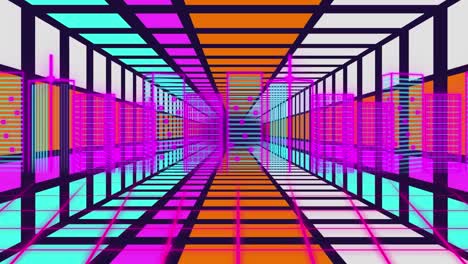 Animation-Eines-Sich-Bewegenden,-Geometrischen,-Farbenfrohen-Tunnels-über-Der-Stadtlandschaft
