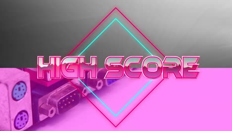 Animation-of-high-score-in-pink-metallic-letters-over-computer-circuit-board-on-pink-background