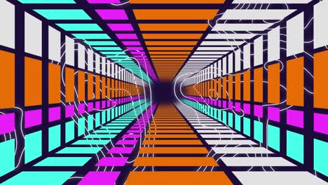 Animation-Eines-Sich-Bewegenden,-Geometrischen,-Farbenfrohen-Tunnels-über-Sich-Bewegenden-Weißen-Linien