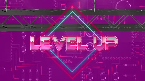 Animation-of-level-up-in-pink-metallic-letters-over-computer-circuit-board-on-pink-background