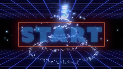 Animation-of-start-text-over-blue-grid,stars-and-glowing-lights-trail