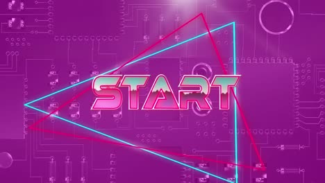 Animation-of-start-in-pink-metallic-letters-over-computer-circuit-board-on-pink-background