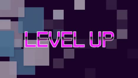 Animation-of-level-up-text-over-colorful-moving-geometrical-shapes-on-dark-background