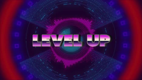 Animation-of-level-up-text-over-moving-colorful-circles-on-dark-background