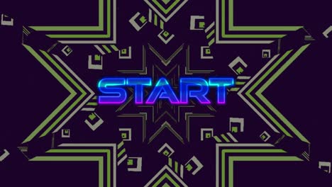 Animation-of-start-text-over-moving-green-kaleidoscopic-shapes-on-dark-background