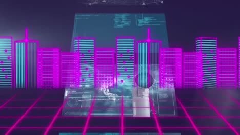 Animation-of-cityscape-over-grid-over-moving-screens-on-dark-background