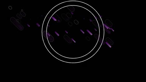 Animation-of-glitching-white-rings-over-purple-light-trails-on-black-background