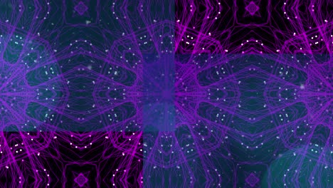 Animation-of-purple-kaleidoscopic-shapes-and-moving-blue-panels-over-dark-background