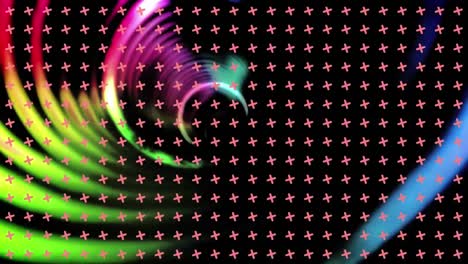 Animation-of-colourful,-glowing-concentric-rings-rings-over-grid-of-red-crosses-on-black-background