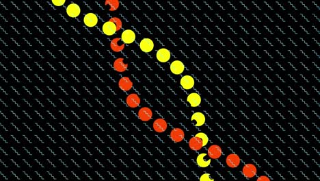 Animation-Eines-DNA-Strangs,-Der-Sich-über-Ein-Muster-Auf-Schwarzem-Hintergrund-Dreht