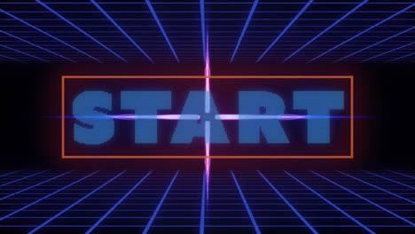 Animation-of-start-text-over-blue-grid-and-glowing-purple-shape