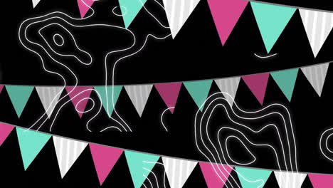 Animation-of-colorful-garland-over-white-moving-lines-on-black-background