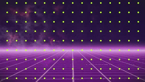 Animation-of-pink-grid-and-multiple-yellow-dots-on-dark-background