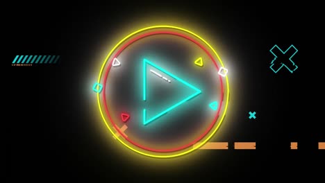 Animation-Eines-Blauen-Neondreiecks-In-Gelben-Und-Roten-Ringen,-Mit-Kreuzen-Und-Linien-Auf-Schwarzem-Hintergrund