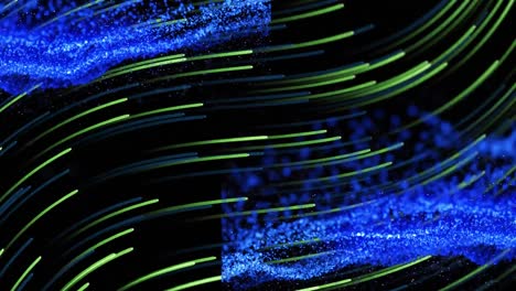 Animation-of-green-trails-over-blue-waves-on-black-background
