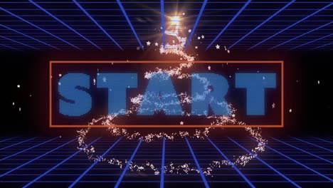 Animation-of-start-text-over-blue-grid-and-glowing-light-trails