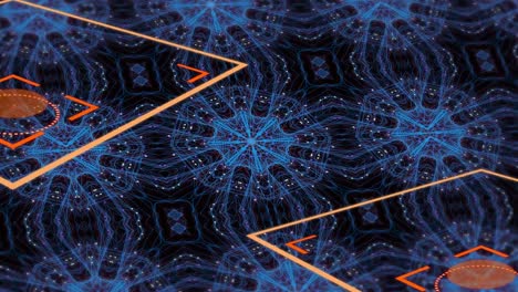 Animation-of-blue-kaleidoscopic-orange-shapes-over-dark-background