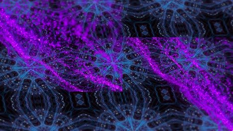 Animation-of-blue-an-purple-kaleidoscopic-shapes-over-dark-background