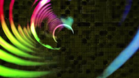 Animation-of-colourful,-glowing-concentric-rings-moving-over-mesh-on-black-background
