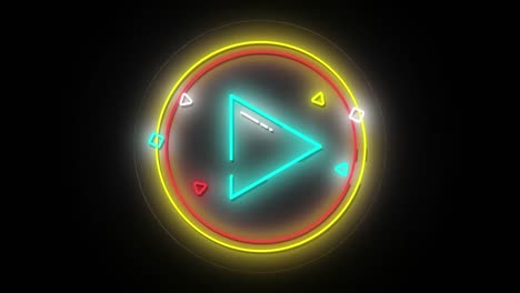 Animation-of-blue-neon-triangle-in-yellow-and-red-rings,-with-flashing-rings-and-symbols-on-black