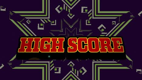 Animation-of-high-score-over-moving-green-kaleidoscopic-shapes-on-dark-background