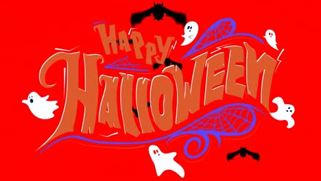 Animation-of-happy-halloween-text-over-black-bats-on-red-background