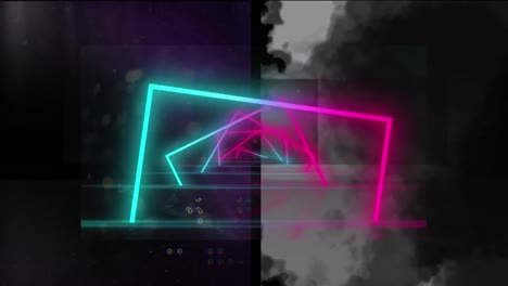 Animation-of-colorful-neon-squares-rotating-over-smoke-on-black-background