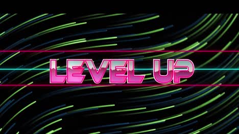Animation-of-level-up-text-over-green-trails-on-black-background