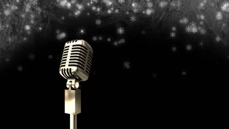 Animation-of-retro-microphone-over-glowing-snowflakes-on-black-background