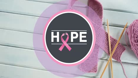 Animation-of-hope-writing-over-pink-ribbon-on-white-wooden-background