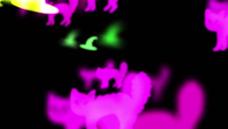 Animation-of-scary-halloween-falling-purple-cats-over-black-background