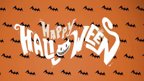 Animation-of-happy-halloween-text-over-black-bats-on-orange-background
