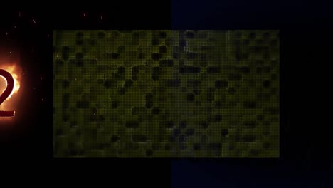 Animation-of-screen-with-green-squares-and-burning-number-on-black-background