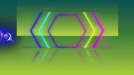 Animation-of-colorful-neon-hexagons-and-burning-number-on-green-background
