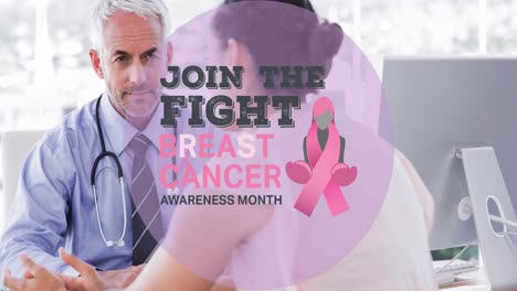 Animation-of-join-the-fight-breast-cancer-over-caucasian-woman-and-senior-male-doctor