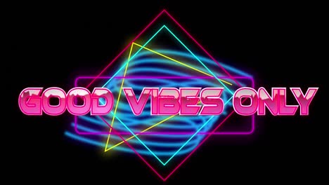 Animation-of-good-vibes-only-text-over-colorful-geometrical-shapes-on-black-background