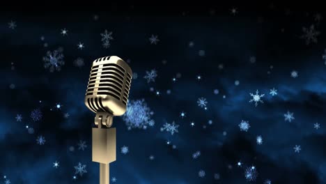 Animation-of-retro-microphone-over-glowing-snowflakes-on-dark-blue-background