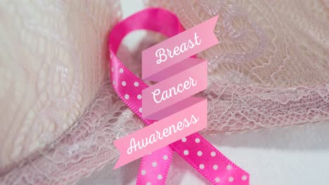 Animation-of-breast-cancer-awareness-over-pink-ribbon-and-bra