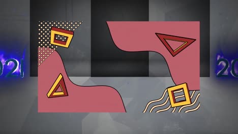 Animation-Rotierender-Quadrate,-Dreiecke-Und-Wellen-Mit-Brennenden-Zahlen-Auf-Grauem-Hintergrund
