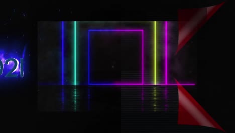 Animation-of-colorful-neon-squares-and-burning-number-on-black-background
