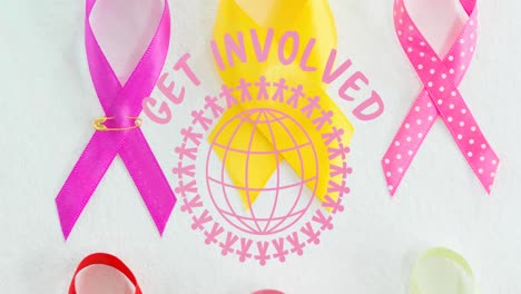 Animation-of-get-involved-and-globe-over-pink-and-yellow-ribbons