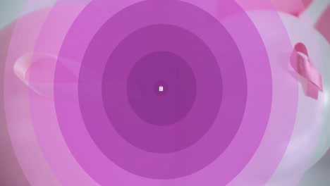Animation-of-breast-cancer-awareness-and-pink-ribbon-over-moving-purple-circles-and-balloons